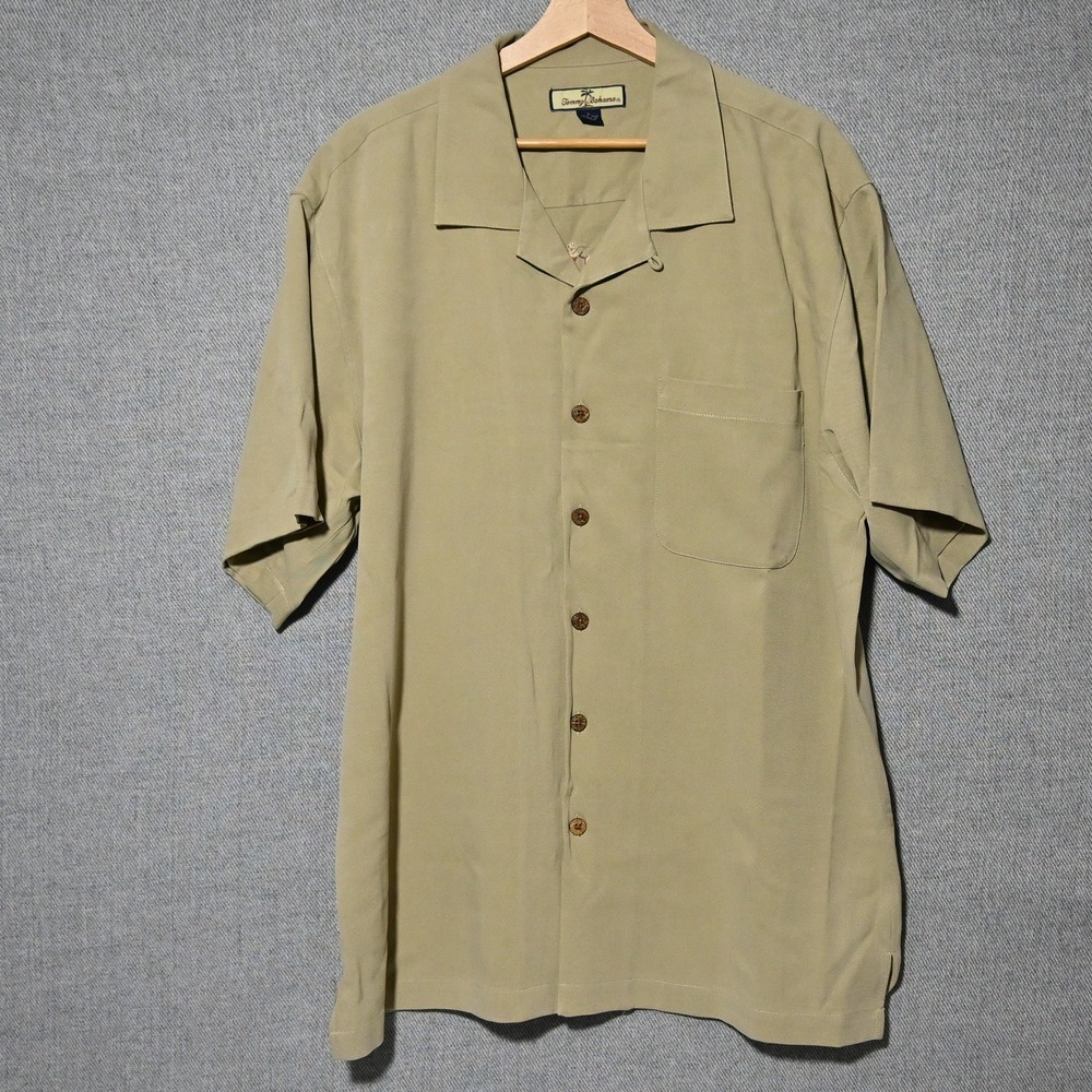Tommy Bahama Camp Shirt Mens Silk Bikinitini Embroidered Large Tan